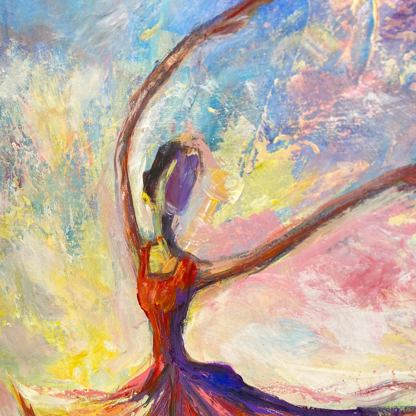 The image is a vibrant, abstract painting featuring a figure in a dynamic pose, with bold brushstrokes and a mix of warm and cool colors.