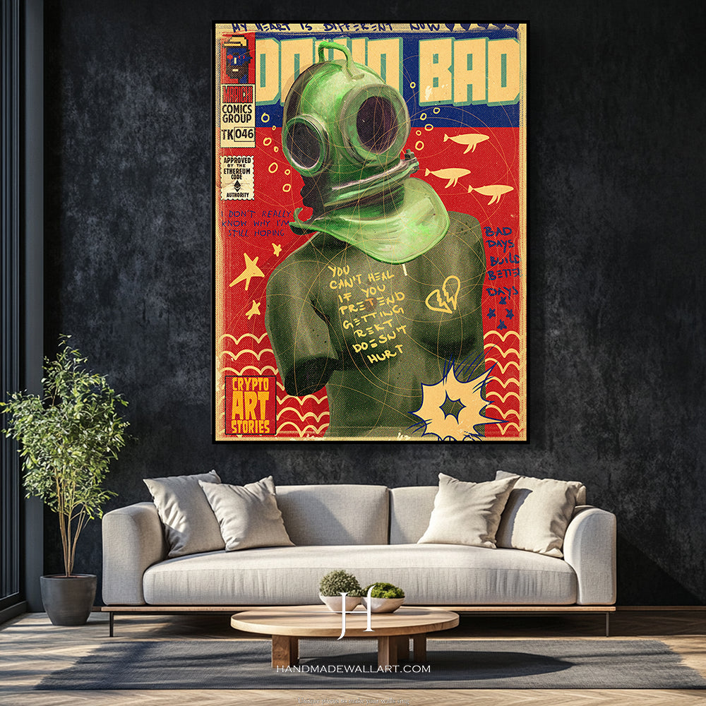 a living room with a couch and a painting on the wall