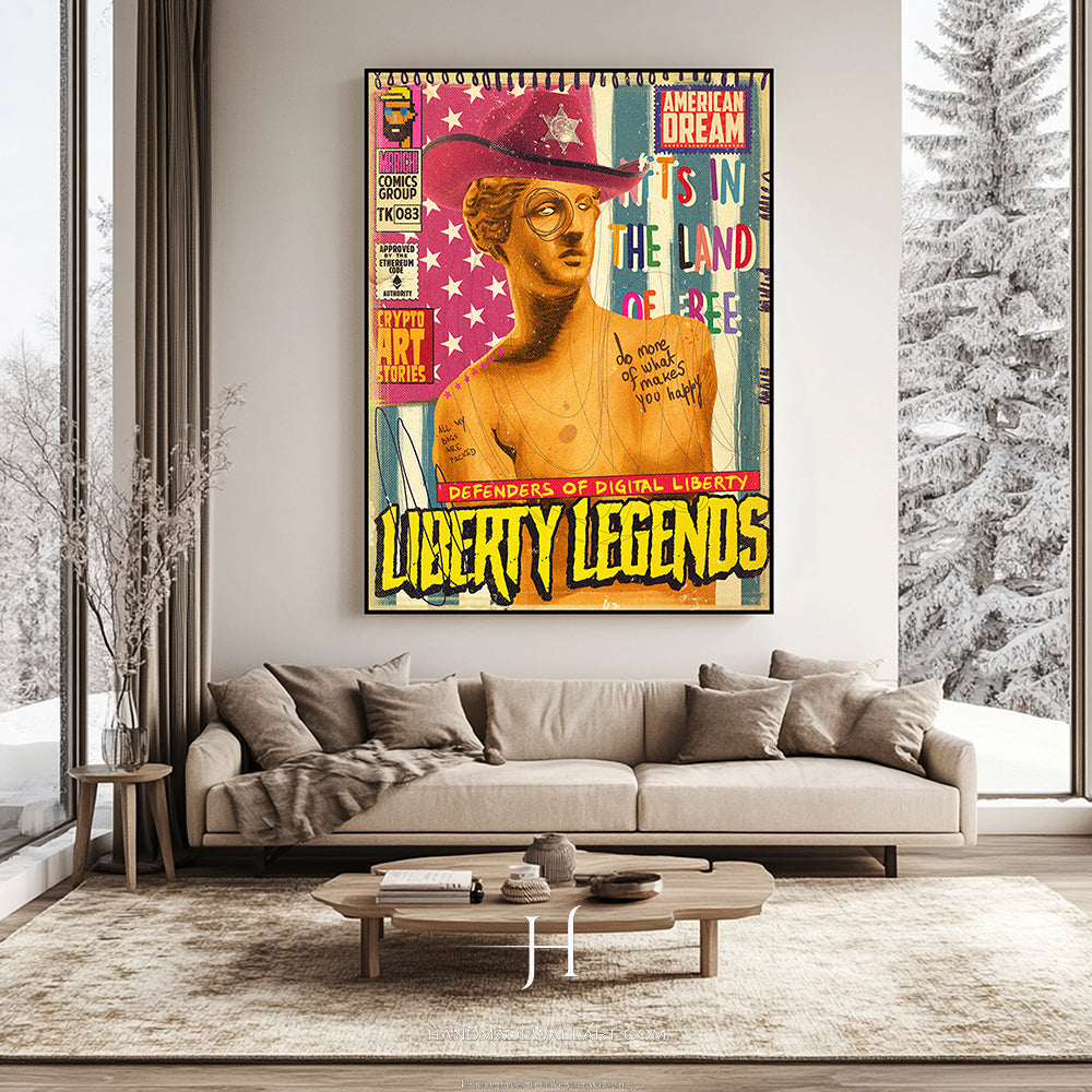 a living room with a couch and a painting on the wall