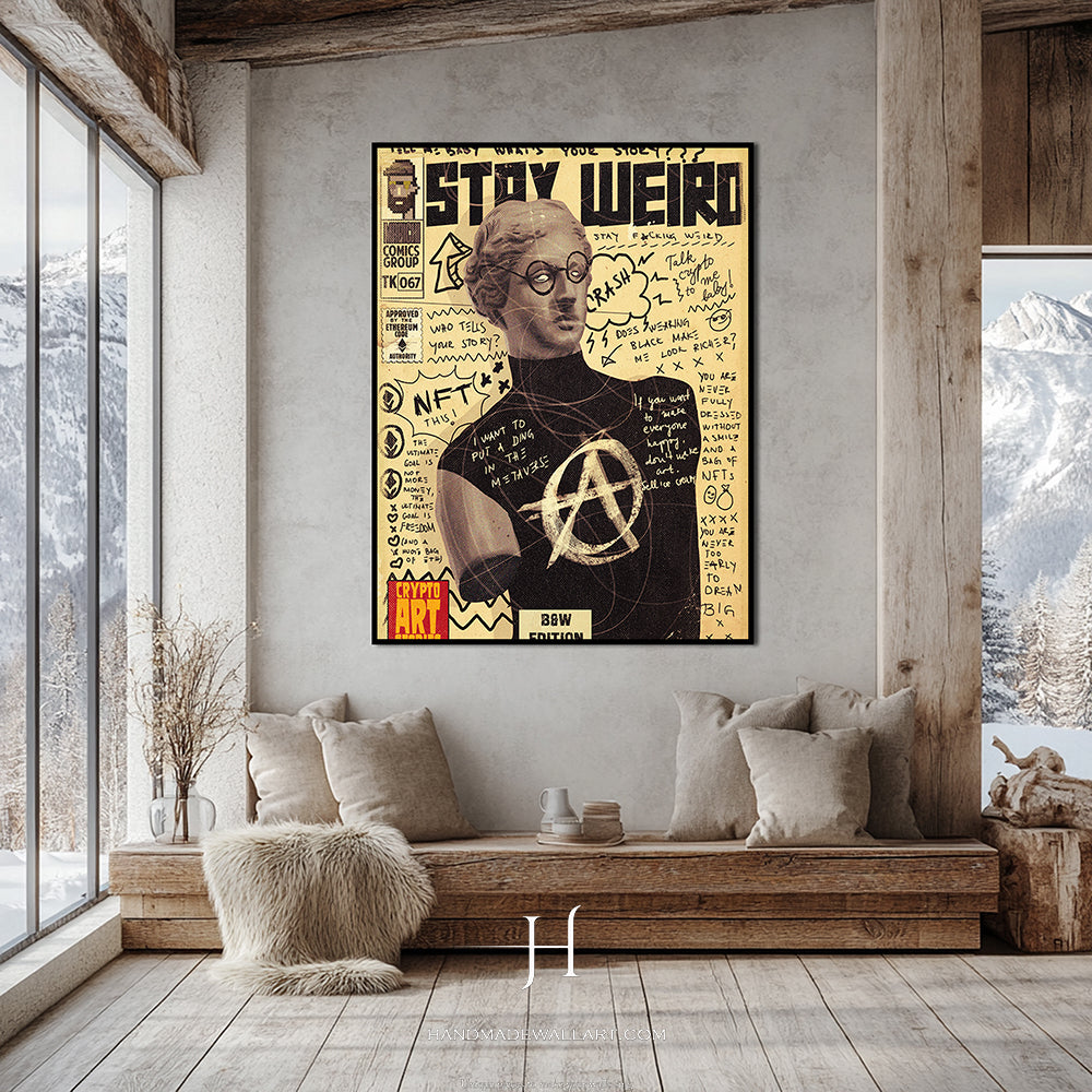a living room with a couch and a poster on the wall