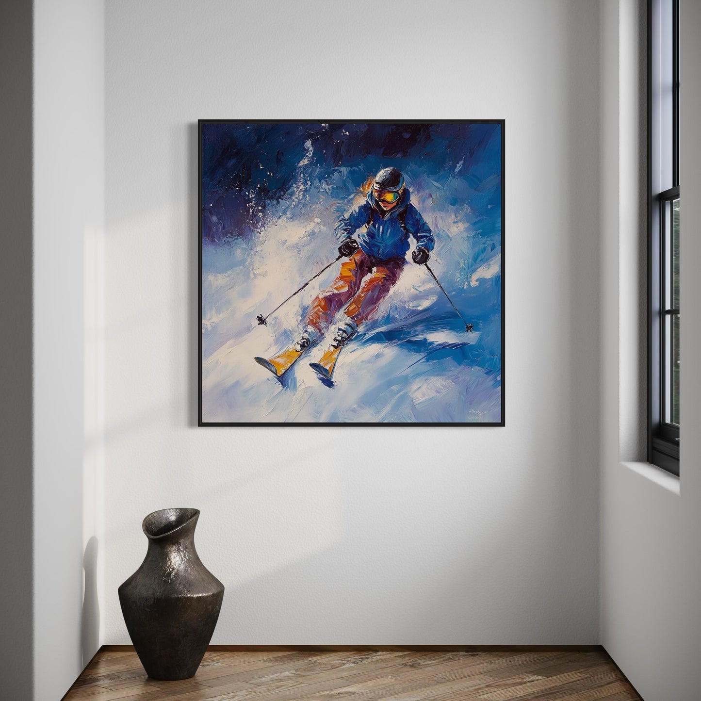 a painting of a skier on a snowy mountain