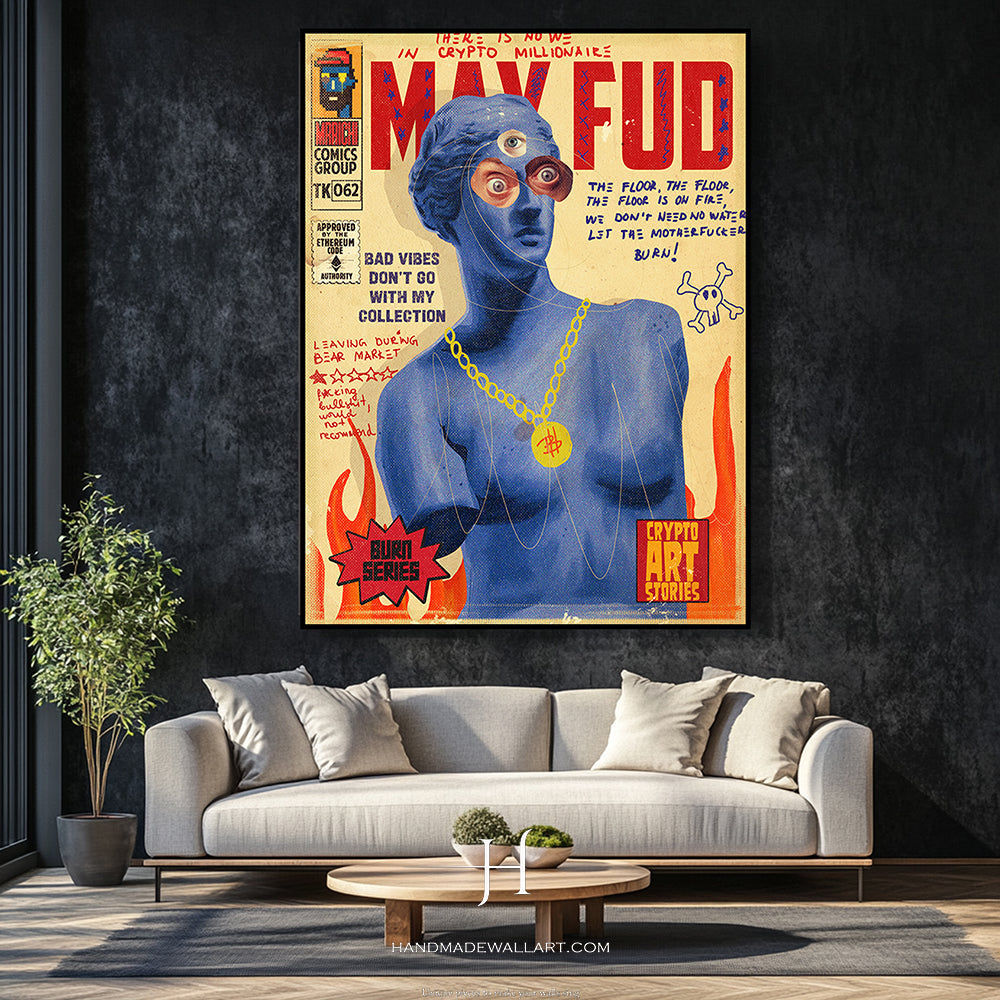 a living room with a couch and a painting on the wall