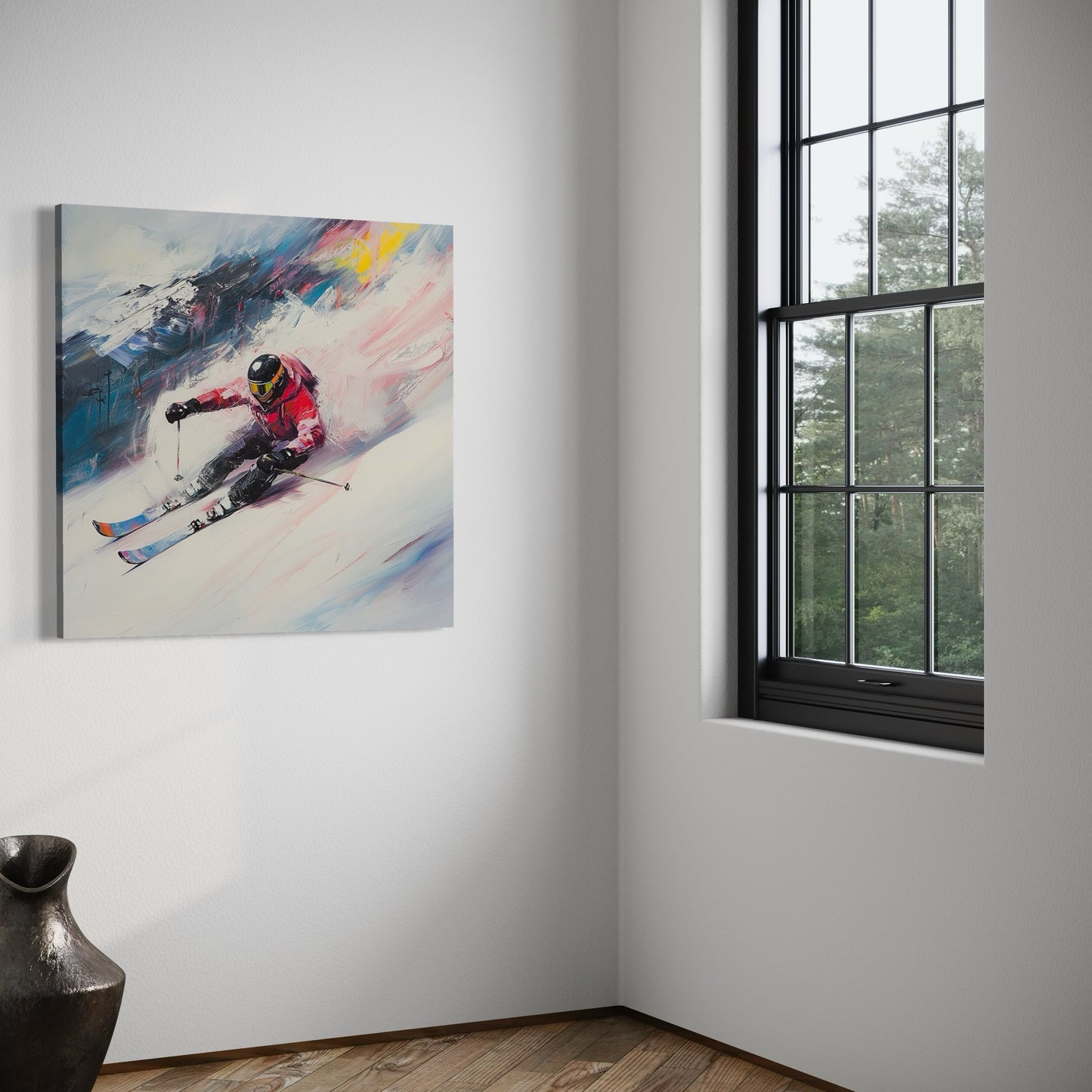 a painting of a skier is hanging on a wall