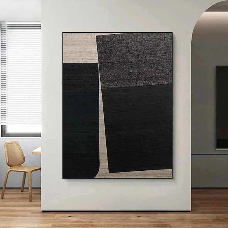 a large abstract painting hanging on a white wall in a minimalist room.