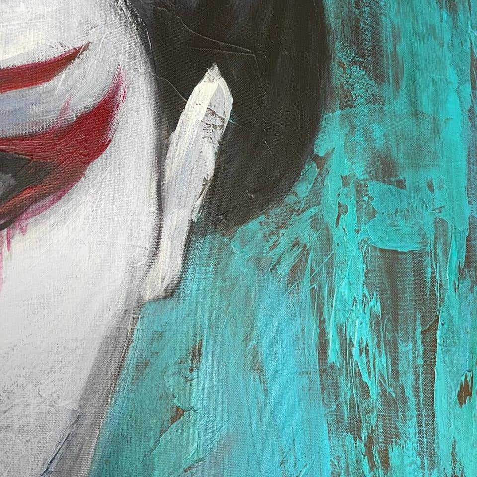 The image is an abstract painting with a mix of white, black, and teal colors. The painting features a large white shape in the foreground, with a black and teal background. The overall composition is dynamic and visually striking.