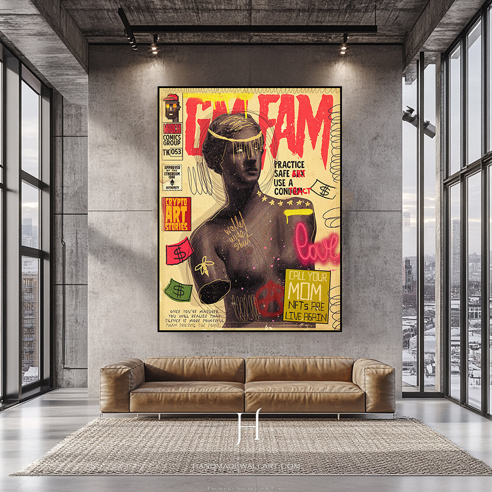 a living room with a couch and a painting on the wall