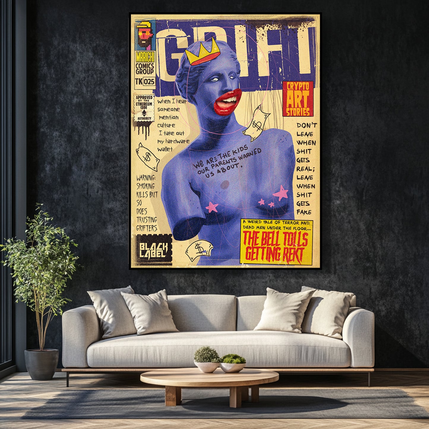 a living room with a couch and a painting on the wall