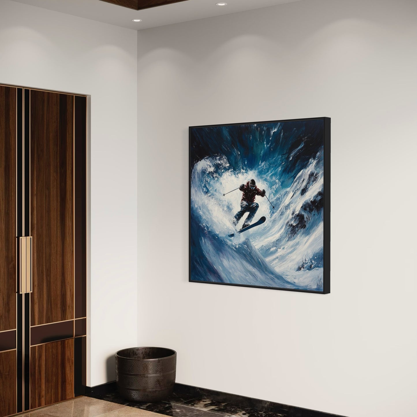 a painting of a man surfing on a wave