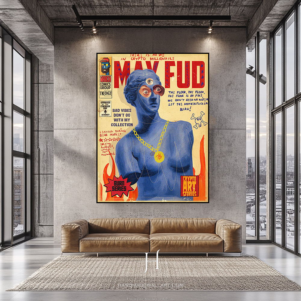 a living room with a couch and a painting on the wall