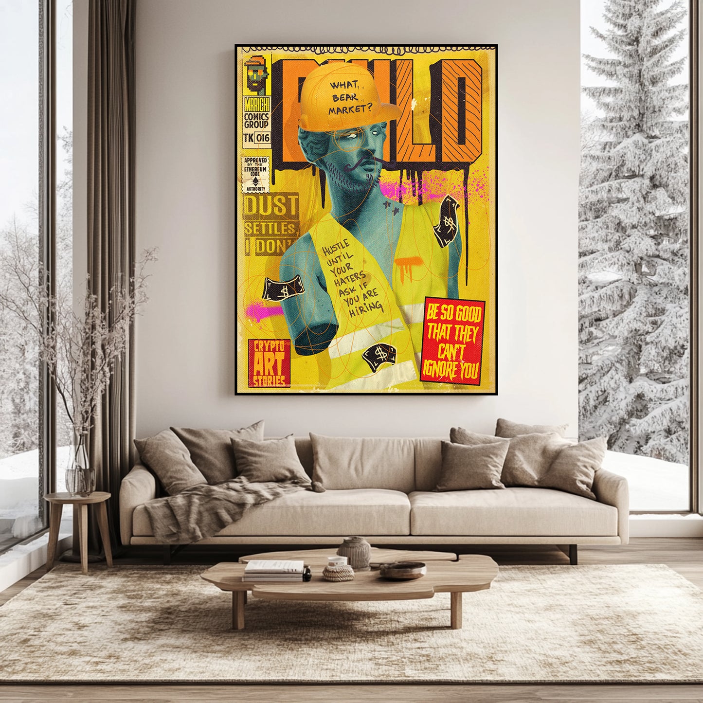 a living room filled with furniture and a painting on the wall