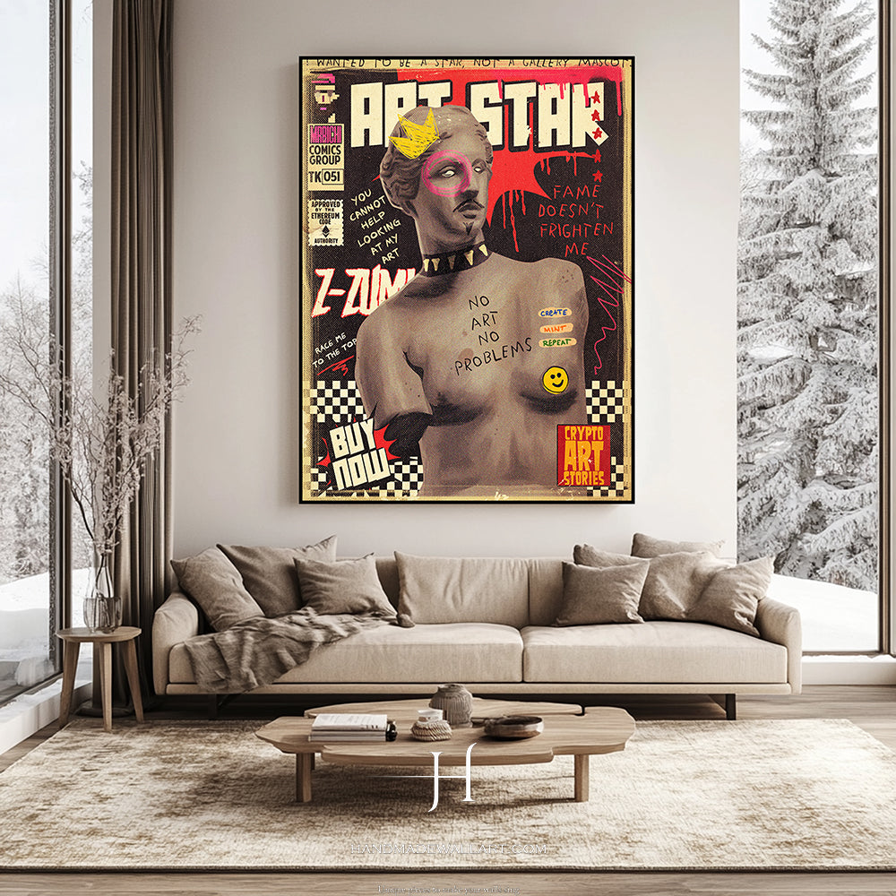 a living room with a couch and a painting on the wall