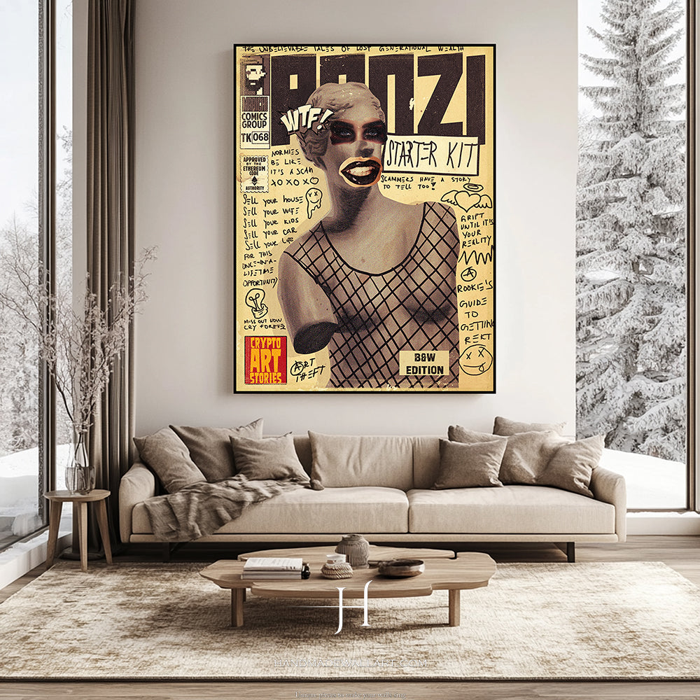 a living room with a couch and a poster on the wall