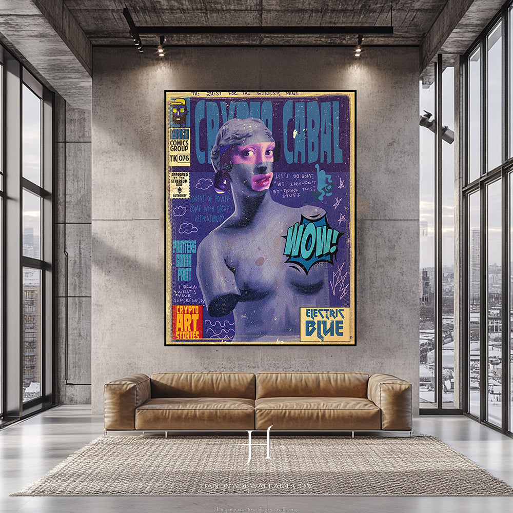 a living room with a couch and a poster on the wall