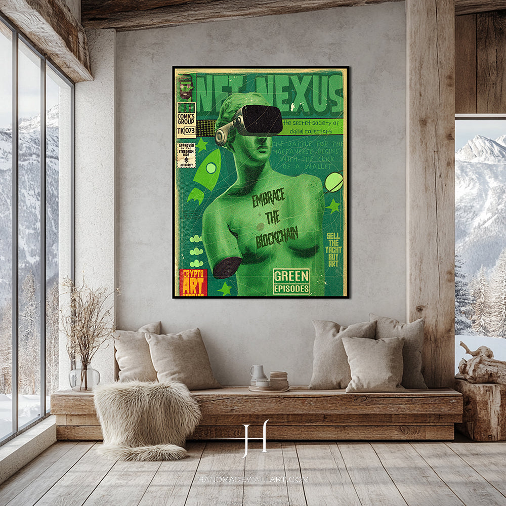 a living room with a couch and a poster on the wall