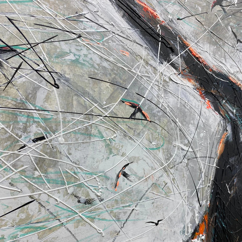 The image is an abstract painting with a mix of black, white, and orange colors. It features a bird-like figure in the center, surrounded by various lines and splatters of paint. The painting has a dynamic and energetic feel, with the bird appearing to be in motion.