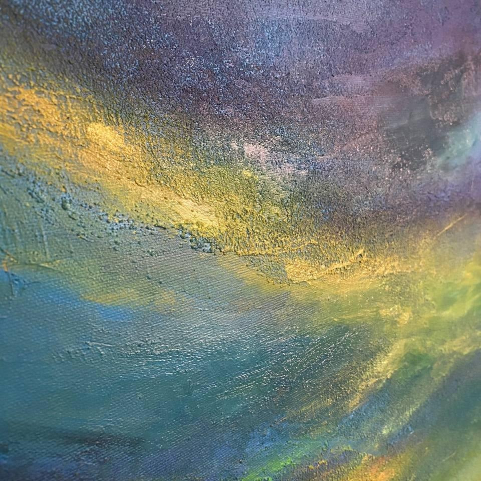 The image is an abstract painting with a vibrant mix of colors and textures, including shades of blue, yellow, and purple. The painting appears to be a close-up view of the artwork, showcasing the intricate details and layers of the composition.