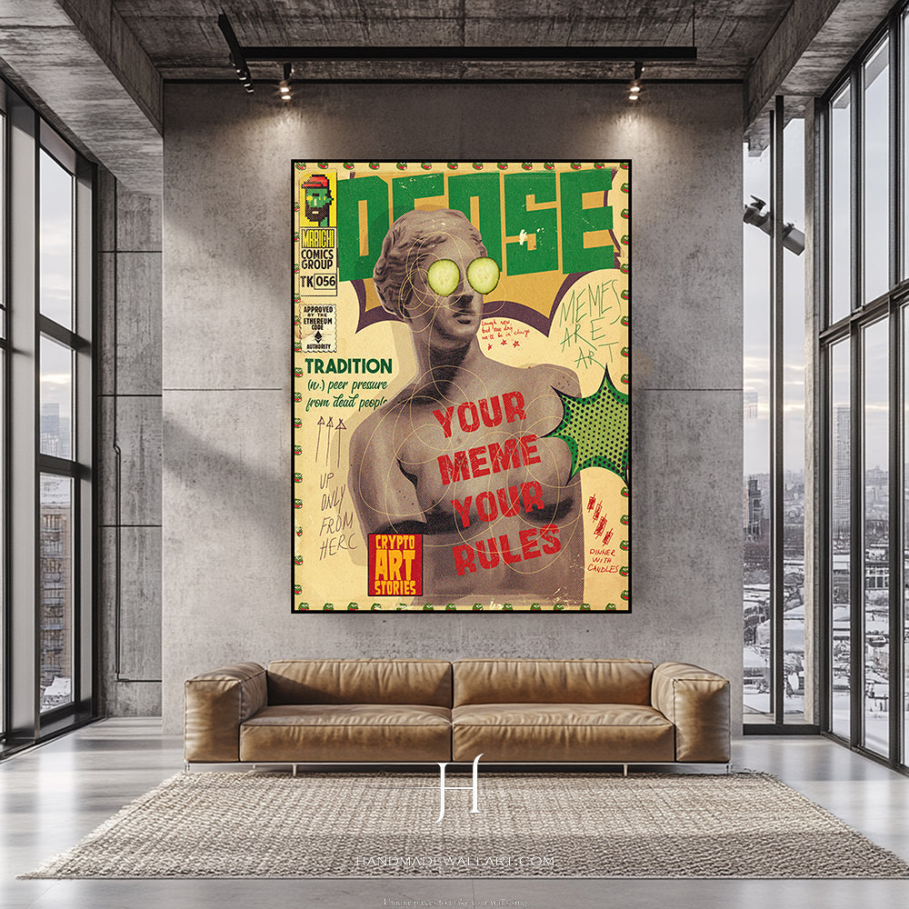 a living room with a couch and a poster on the wall