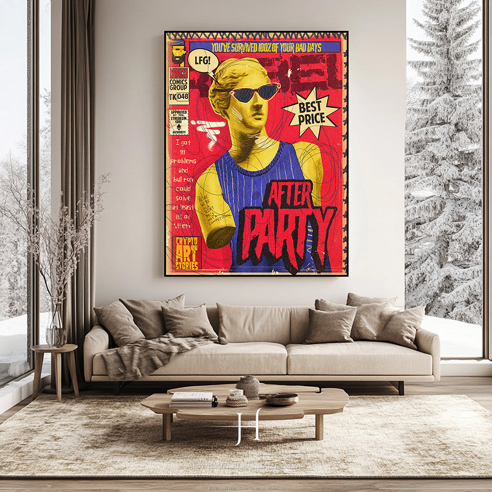a living room with a couch and a painting on the wall