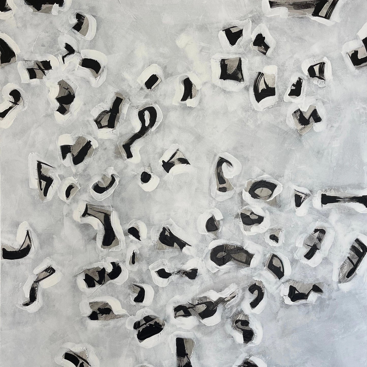 an abstract painting of black and white shapes