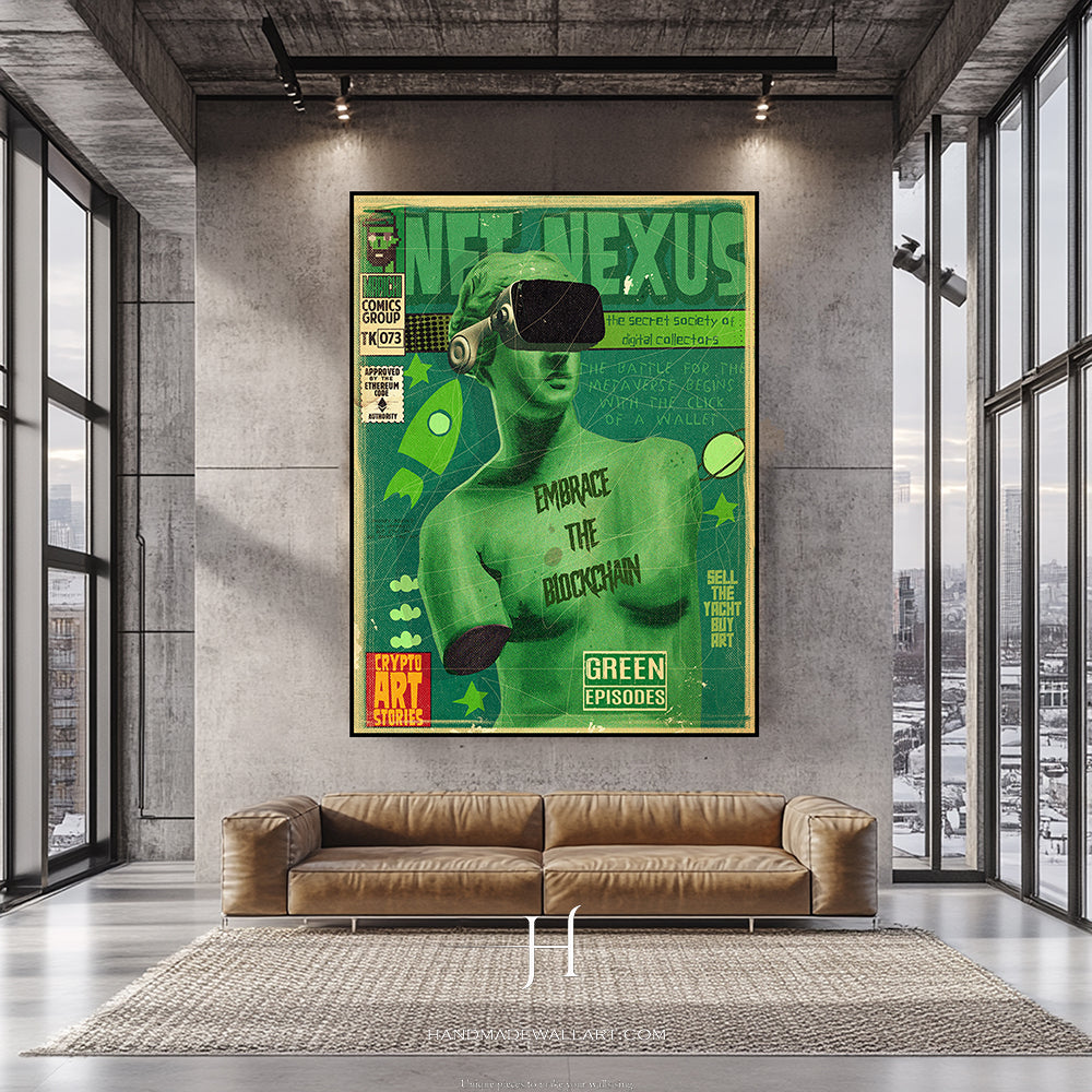 a living room with a couch and a poster on the wall