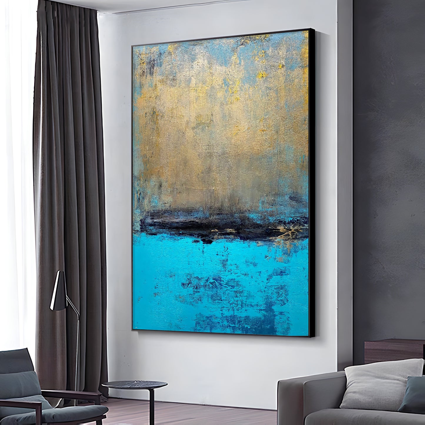 a living room with a couch and a painting on the wall
