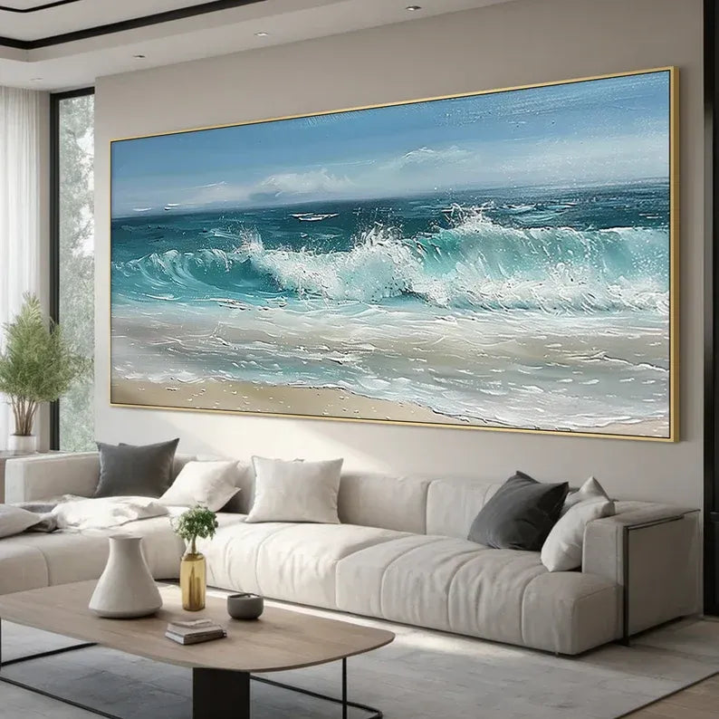 a large, framed painting of a serene ocean scene with crashing waves, hanging on the wall of a modern living room.