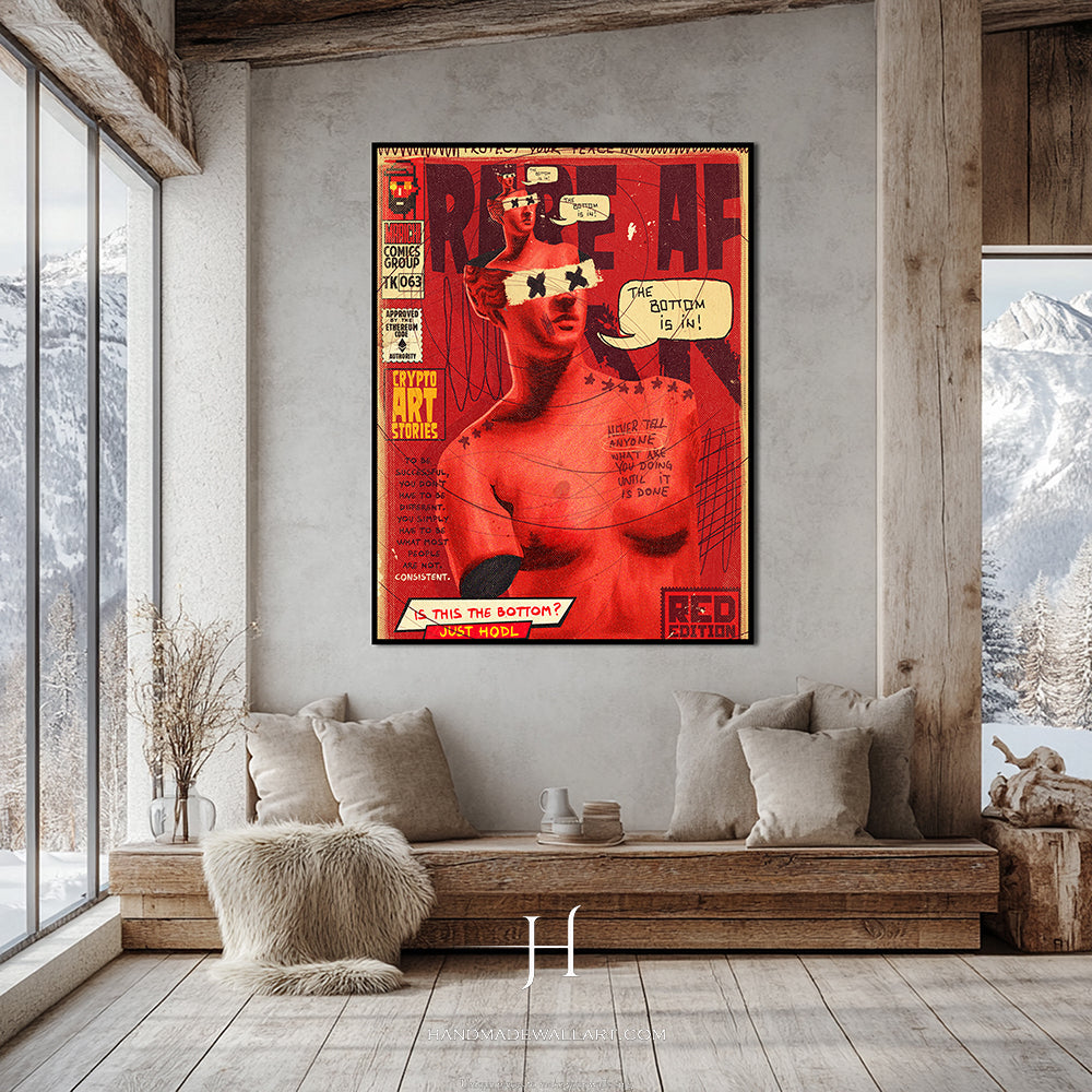 a living room with a couch and a poster on the wall
