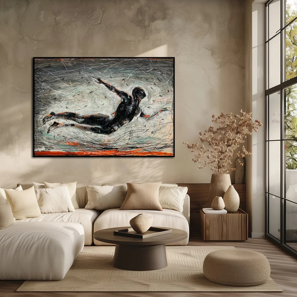 a modern living room with a large abstract painting of a figure in mid-air on the wall, a white sofa, a coffee table, and a vase with flowers.