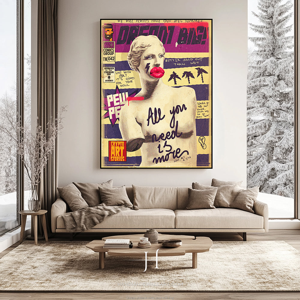 a living room with a couch and a painting on the wall