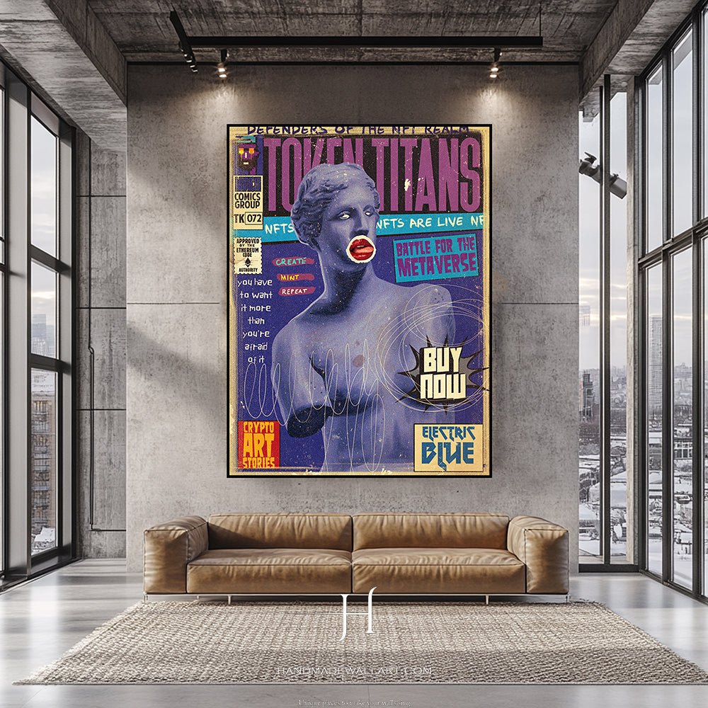 a living room with a couch and a poster on the wall