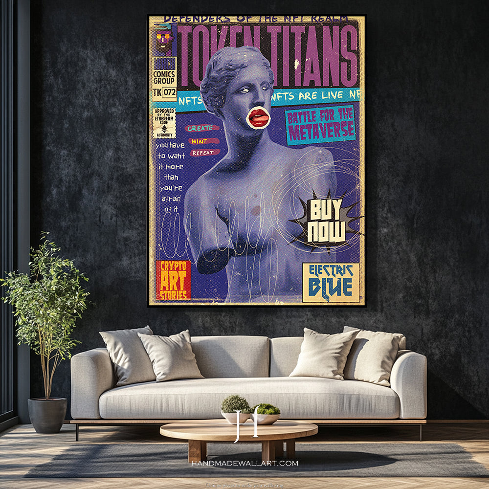 a living room with a couch and a poster on the wall