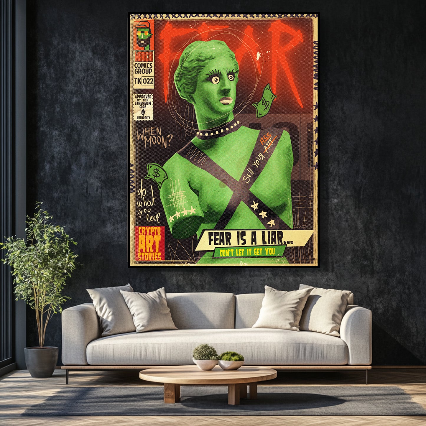 a living room with a couch and a painting on the wall