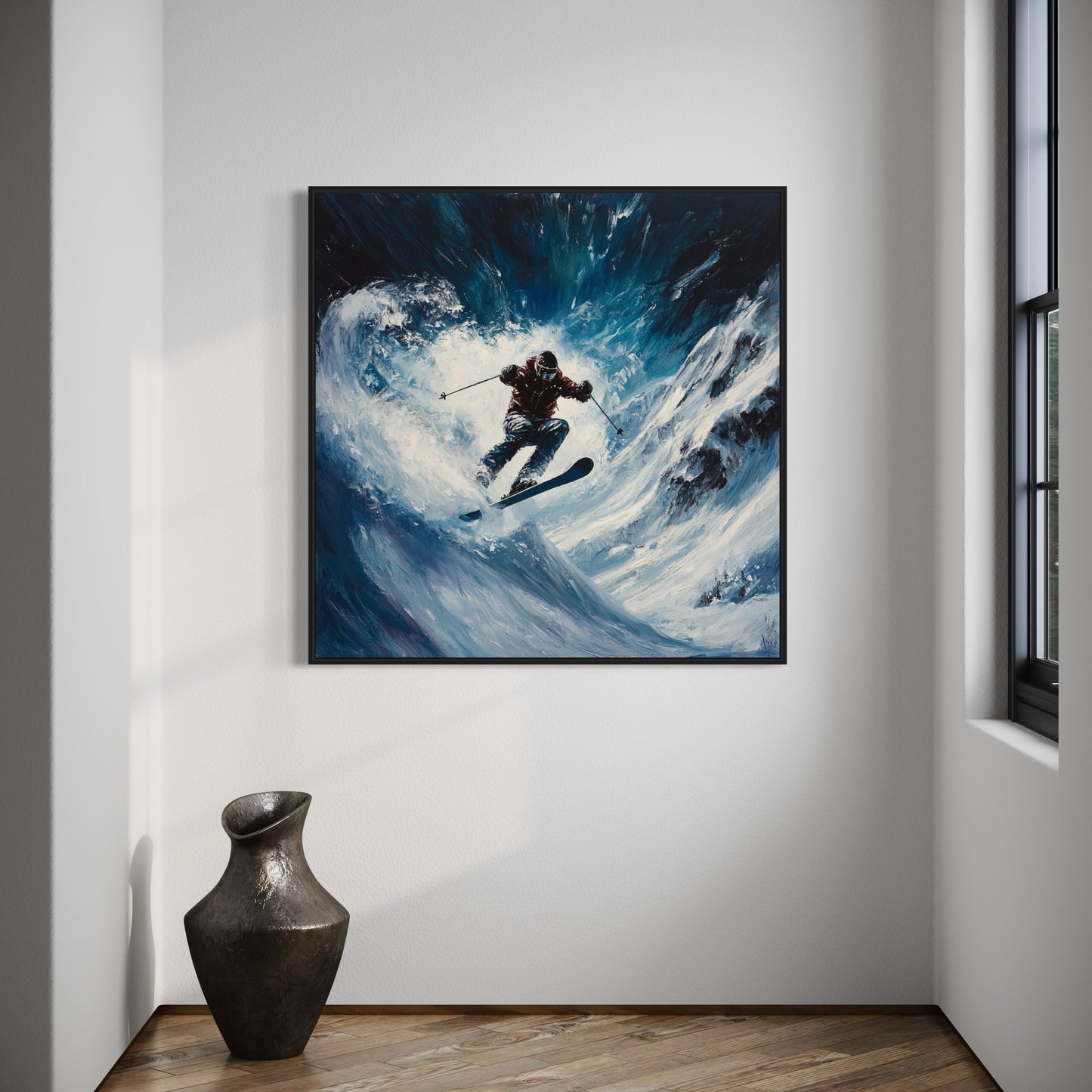 a painting of a man skiing on a wave