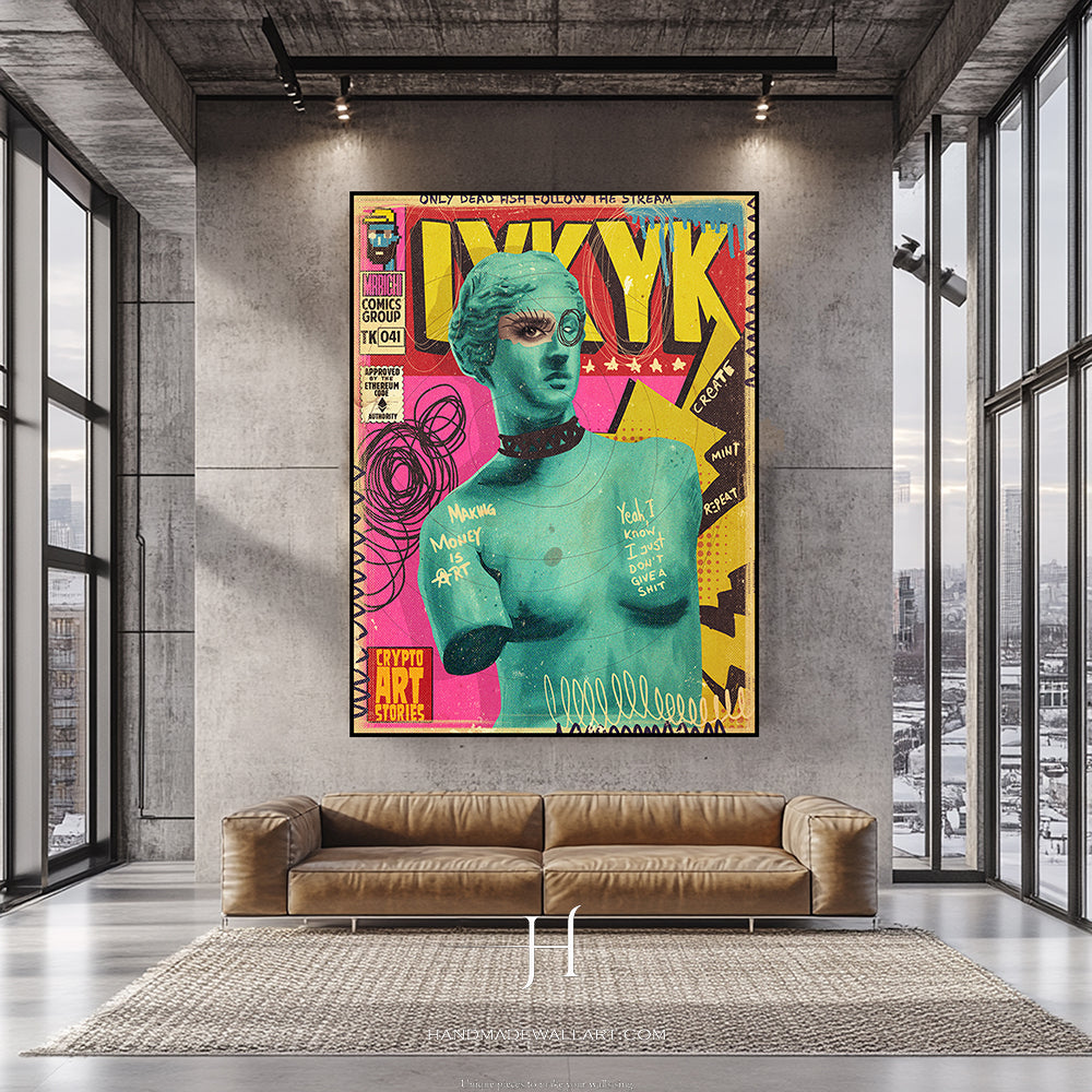 a living room with a couch and a painting on the wall