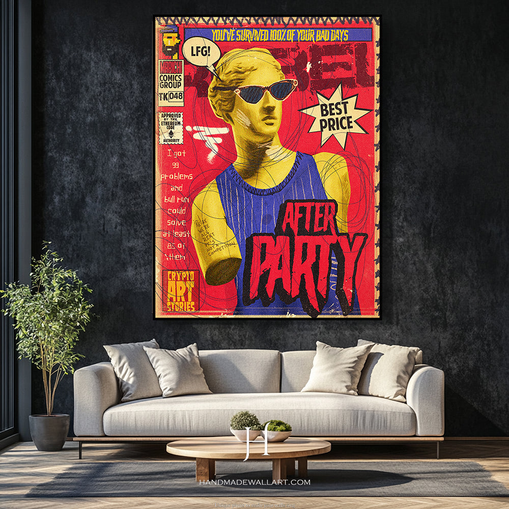 a living room with a couch and a painting on the wall