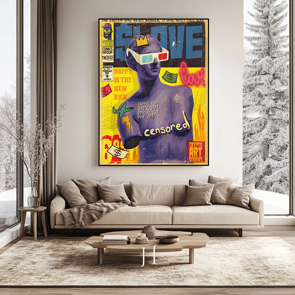 a living room with a couch and a painting on the wall