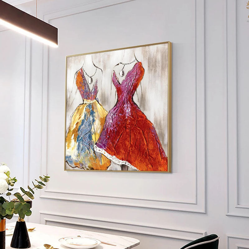 a painting of two women in dresses on a wall