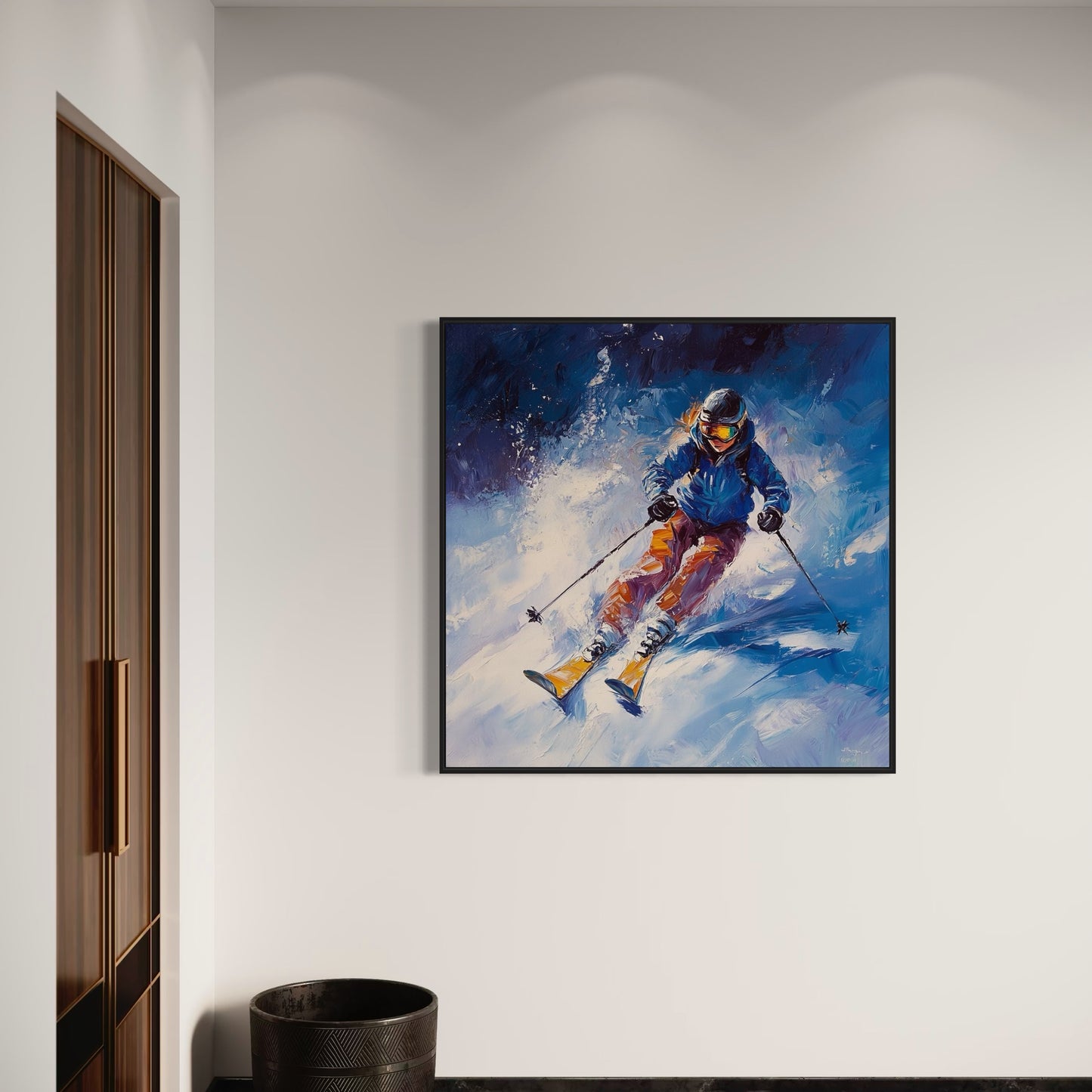 a painting of a skier on a wall above a trash can