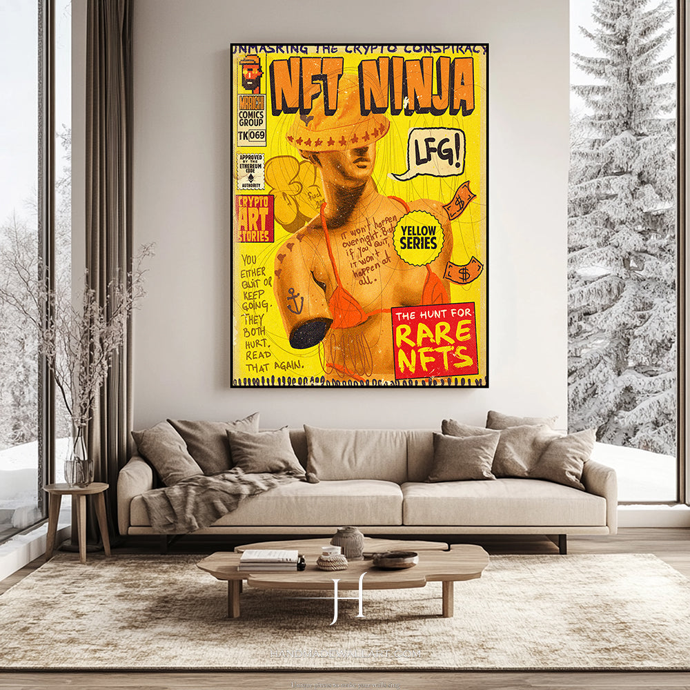 a living room with a couch and a poster on the wall