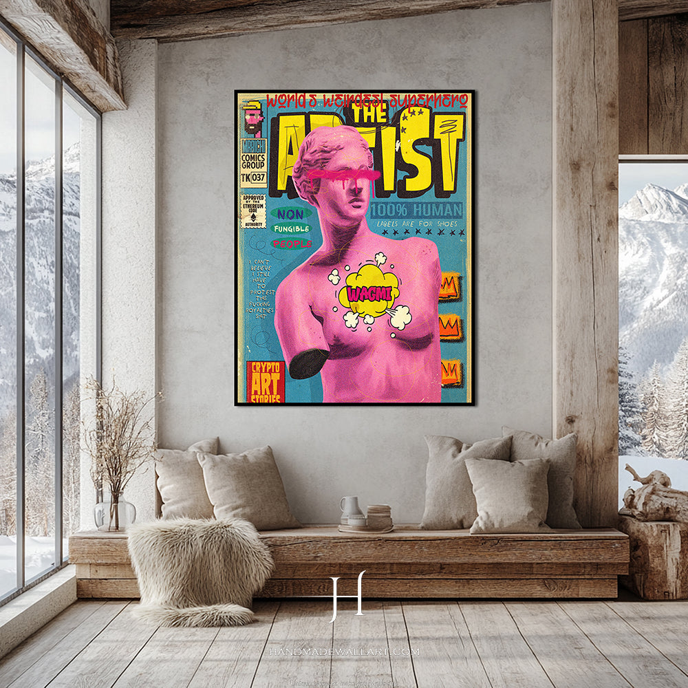a living room with a couch and a painting on the wall