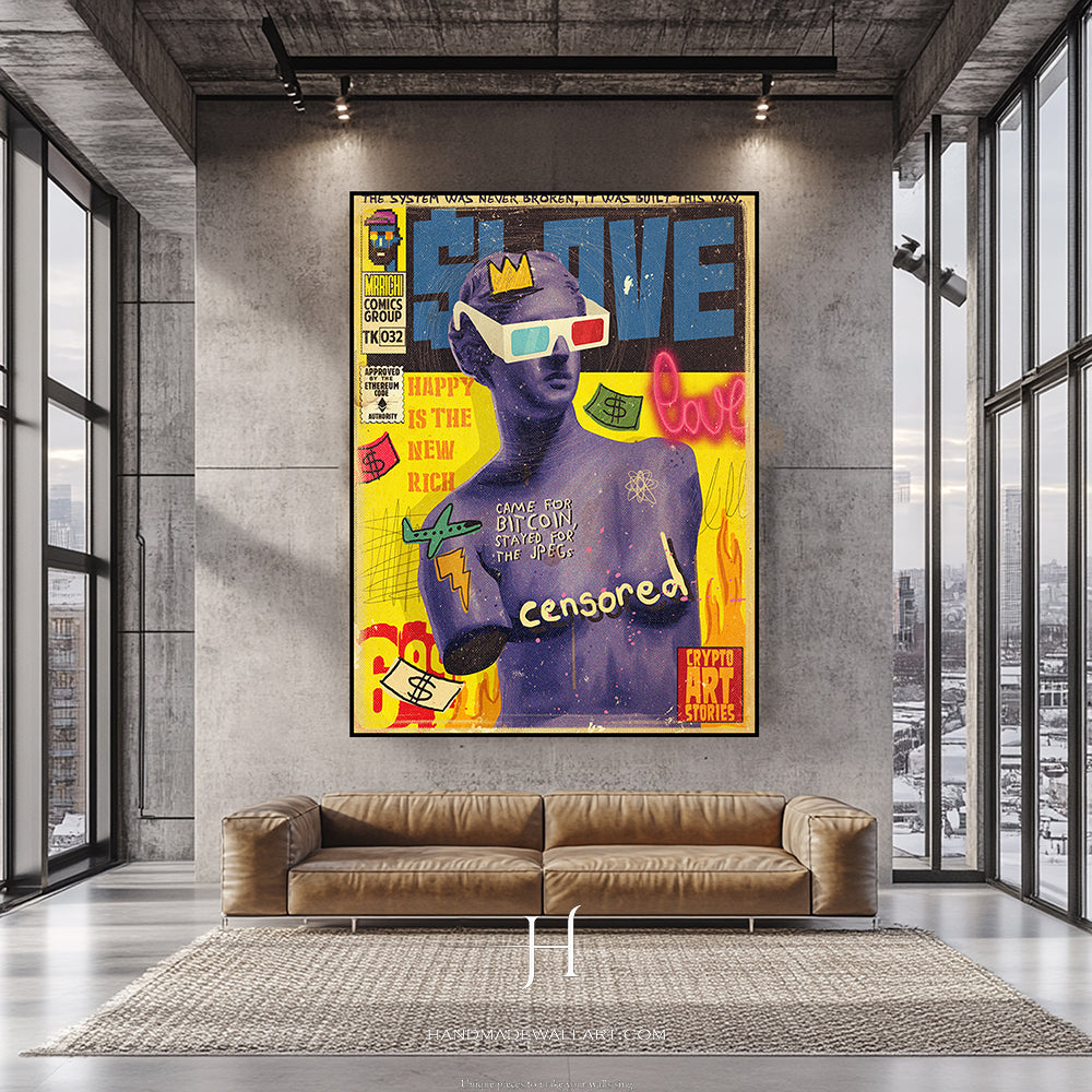 a living room with a couch and a painting on the wall