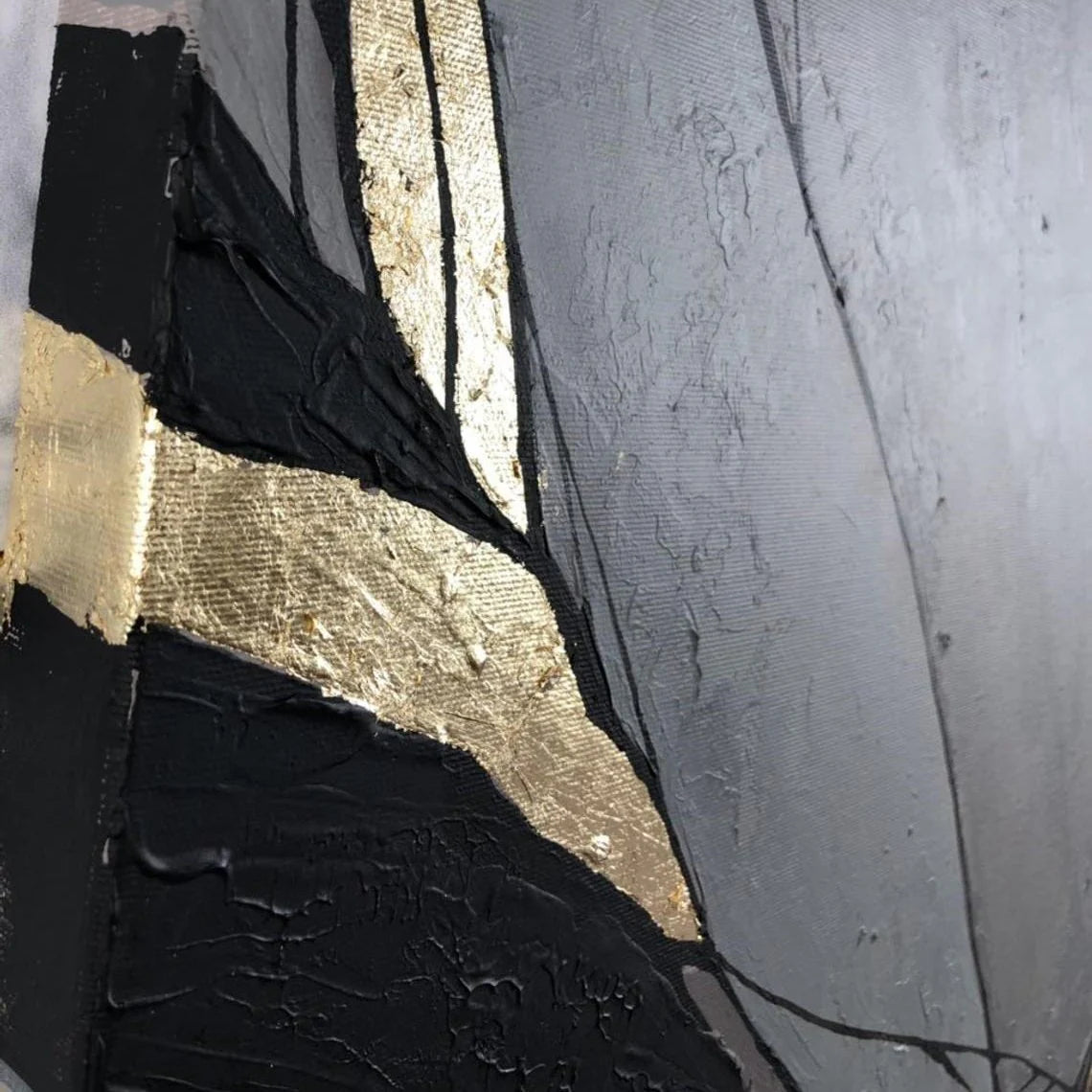 The image is a close-up of a textured surface with a black and gold pattern. The black and gold pattern is composed of various shapes and lines, creating a visually striking contrast.