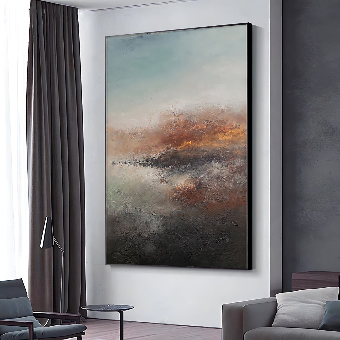 a living room with a couch and a painting on the wall