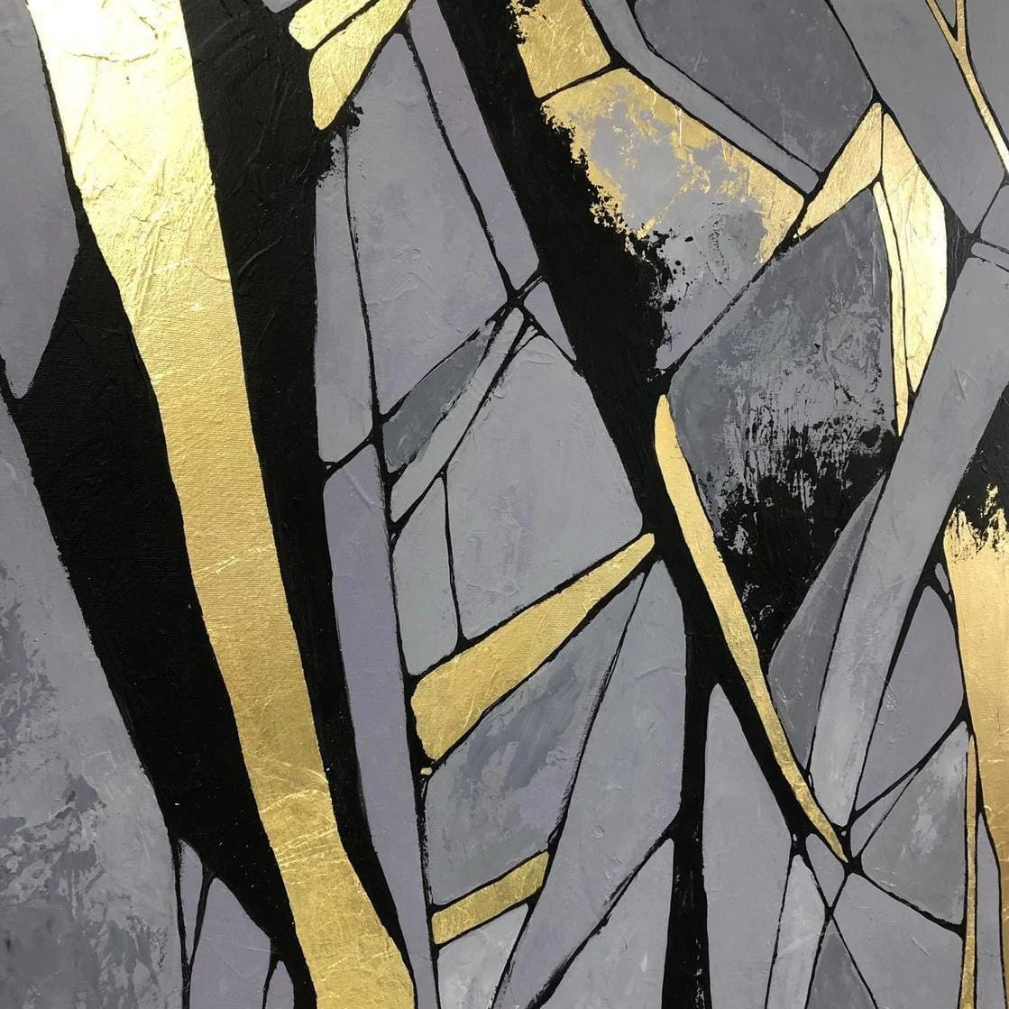 The image is an abstract painting with a striking contrast of black, gray, and gold colors. The painting features a variety of geometric shapes and lines, creating a visually captivating and dynamic composition.