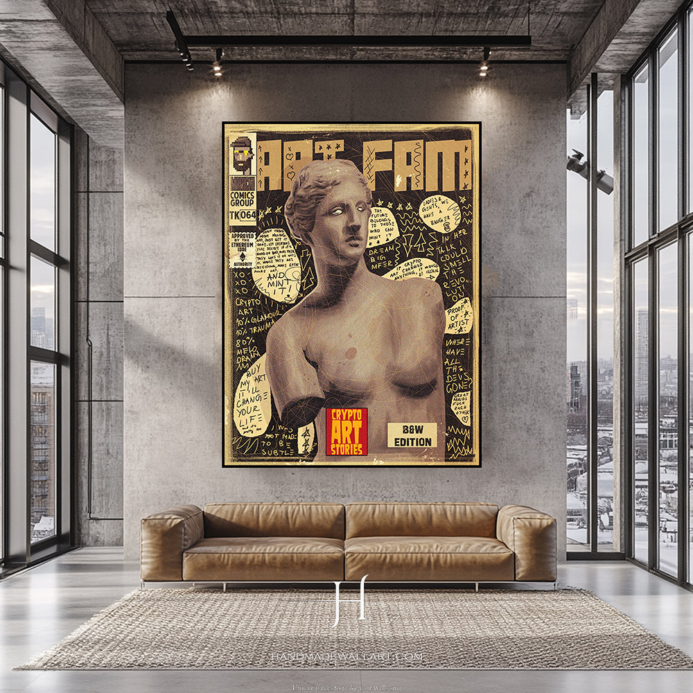 a living room with a couch and a poster on the wall