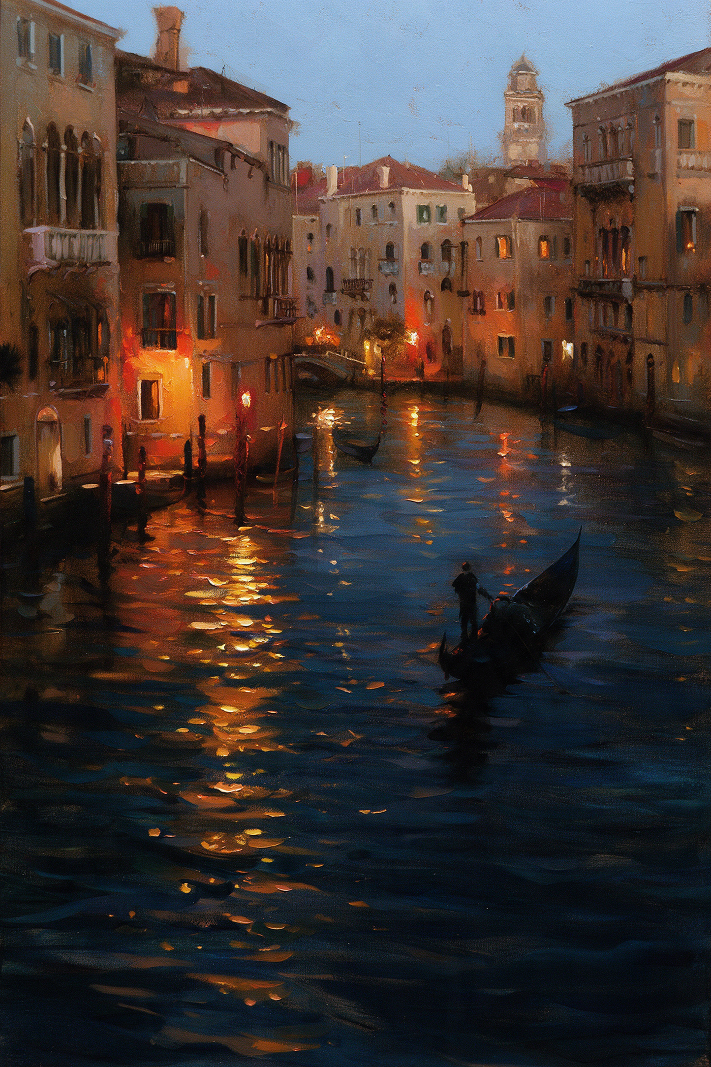 a serene night scene of a gondola gliding through a picturesque canal in Venice, Italy, with the city's iconic architecture and reflections of the warm lights on the water.