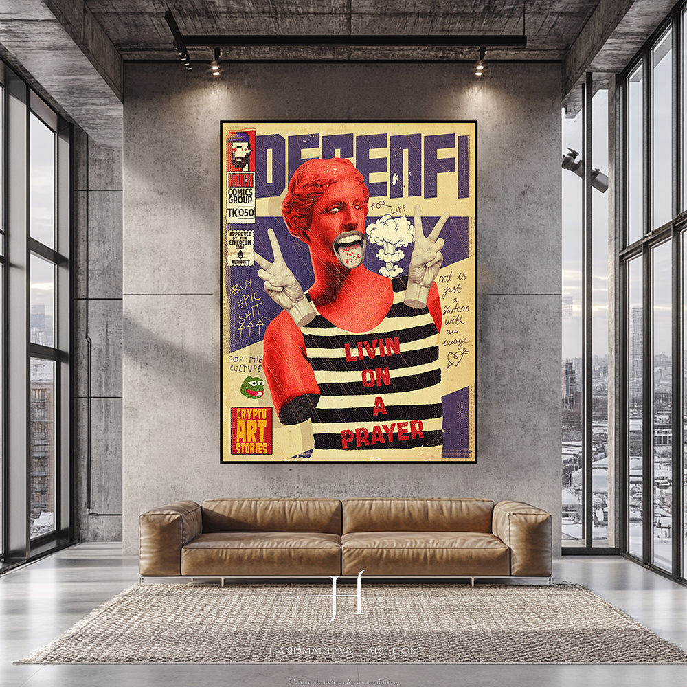 a living room with a couch and a poster on the wall