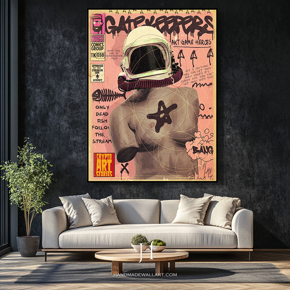 a living room with a couch and a painting on the wall