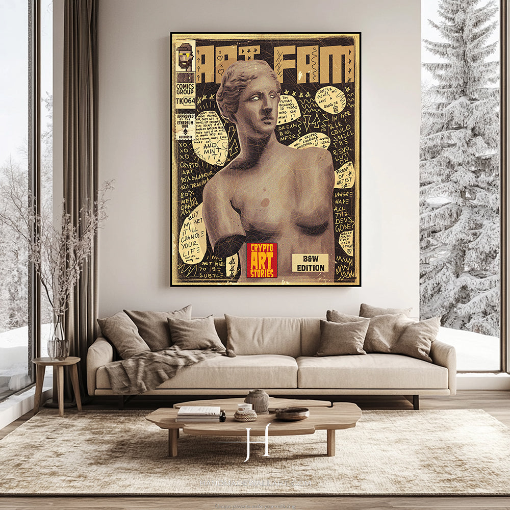 a living room with a couch and a painting on the wall