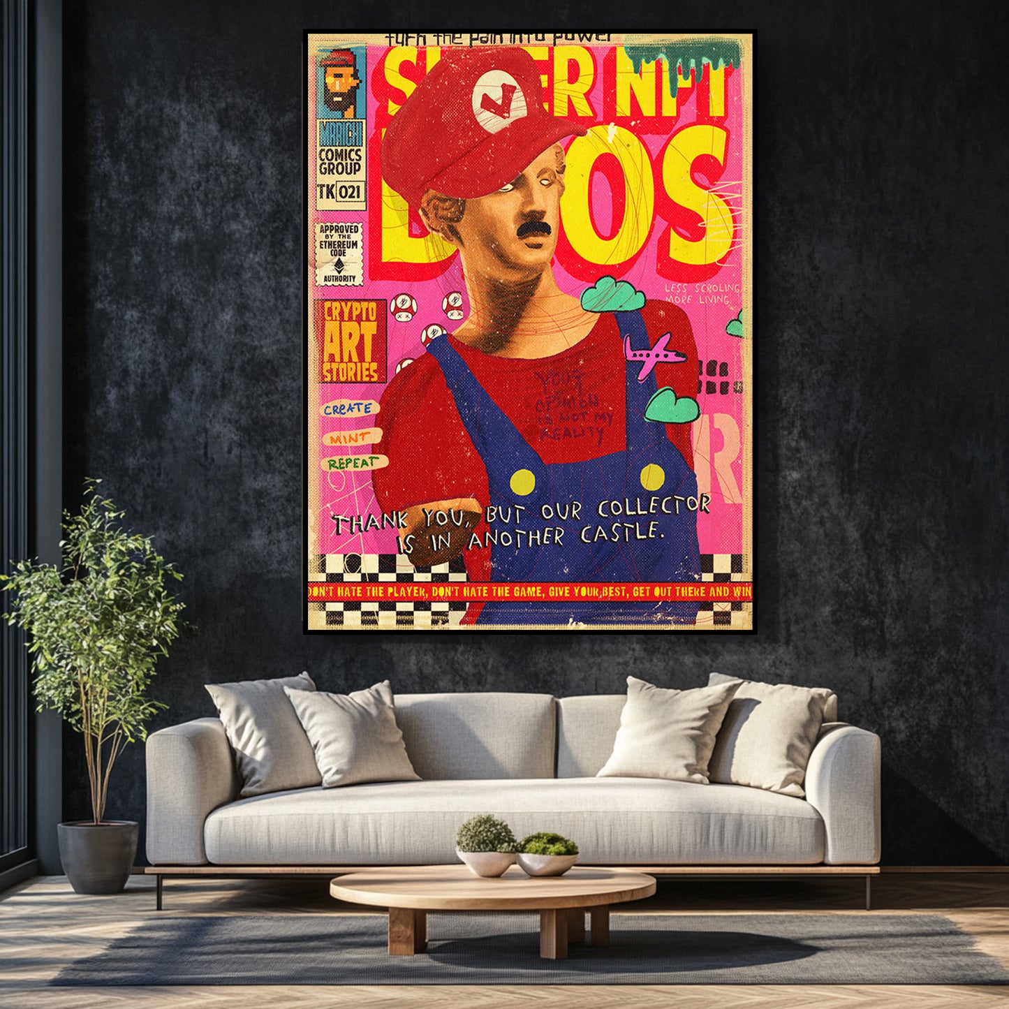 a living room with a couch and a painting on the wall